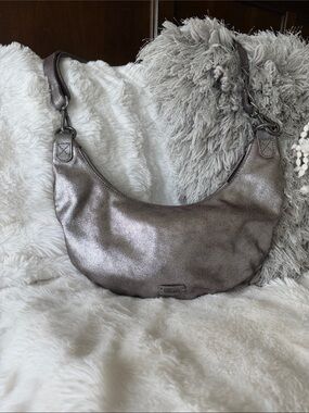 Metallic Taupe Crescent Shoulder Bag